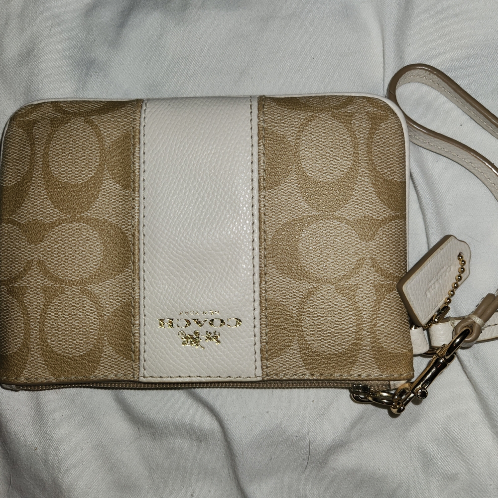 Coach Tan and White Wristlet Clutch
